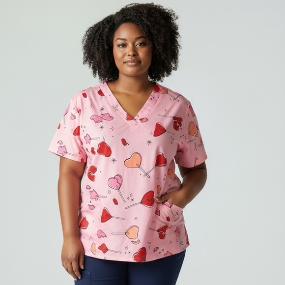 Pink Heart Patterned V-Neck Scrubs Top - Picture 2 of 6